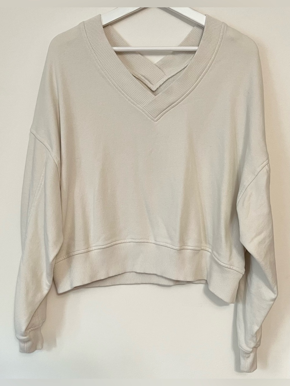Aerie • S • Cream Off-Shoulder V-Neck V-Back French Terry Sweatshirt